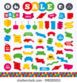 Banners, web stickers and labels. Information sign. Group of people and database symbols. Chat speech bubbles sign. Communication icons. Price tags set.