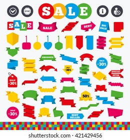 Banners, web stickers and labels. Information icons. Stop prohibition and user blacklist signs. Approved check mark symbol. Price tags set.