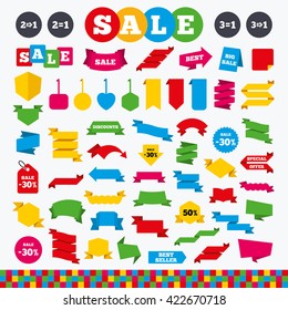 Banners, web stickers and labels. Special offer icons. Take two pay for one sign symbols. Profit at saving. Price tags set.
