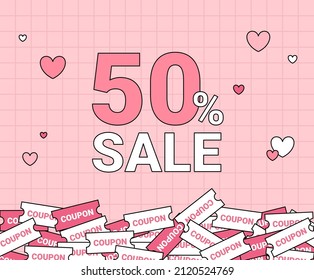 Banners, which offer a big discount on Valentine's Day, have been registered at the store illustration set. heart, coupon, paper, sale, lucky. Vector drawing. Hand drawn style.