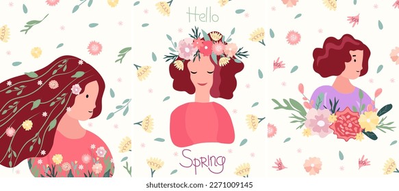Banners with women and flower wreath, bright women with flowers. Spring flowering. Ideal for greeting cards, banners, cards, posters. Vector illustration