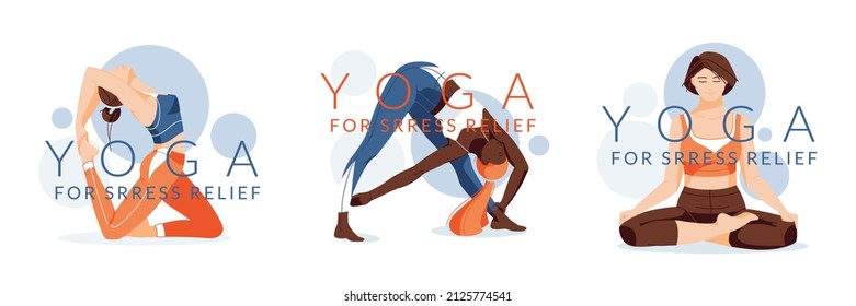 Banners of yoga school, studio. Yoga for stress relief. Flat design concept. Women of different races do yoga, yoga poses. Vector illustration