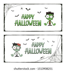 Banners with zombie and lettering Happy Halloween. Black spiders, bats and monster on white background. Illustration can be used for holiday cards, children's clothing design, invitations and banners