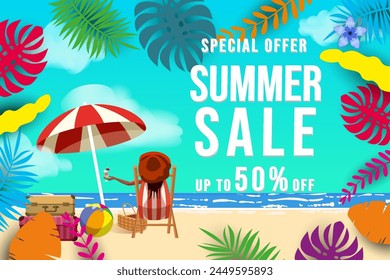 BannerSummer sale. Tropical beach, woman in the beach chair, stage, surf, umbrella, palm leaves, sky, cloud