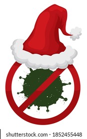 Banning signal wearing a Santa's hat, representing the safety measures due COVID-19 pandemic during Xmas season.