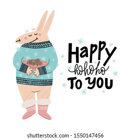 Banny hand drawn vector illustration. Cute cartoon animal character in felt boots and knitted sweater. Mammal holding a plate of cookies. Happy ho ho ho to you handwritten lettering with snowflakes.