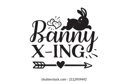 banny x-ing - black linear lettering with swooshes. Hand-drawn elegant modern vector calligraphy. Design for Easter invitation, party décor with hand-drawn leaf and handwritten text