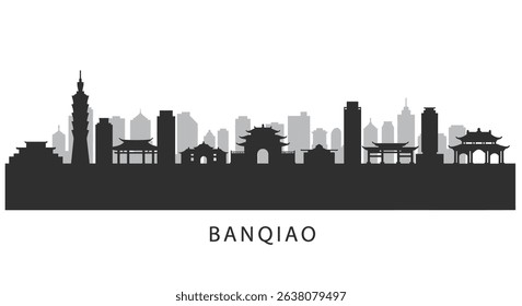 Banqiao Taiwan Skyline Silhouette with Cityscape Vector.