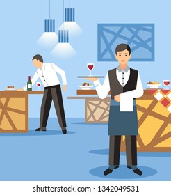 Banquet Catering Service Flat Vector Illustration. Restaurant Workers at Buffet. Waiter Holding Glass on Tray Cartoon Character. Waitress with Wine Glass and Napkin. Barman Cleaning Bar Counter.