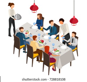 Banquet, Dinner Party, Cafe, Restaurant, The Celebration. Vector Illustration In Isometric Design.