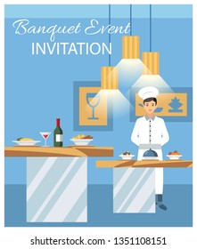 Banquet Event Invitation Flat Vector Illustration. Celebration in Luxury Restaurant. Banquet Hall Interior. Chef with Drinks and Dishes Cartoon Character. Bar Counters, Served Tables, Buffet