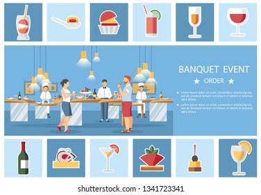 Banquet Event Vector Banner Design Template. Waiters and Visitors Cartoon Characters. Food and Drinks Flat Illustrations Set. Catering Service. Wedding Hall Poster, Web Banner, Web Page Concept