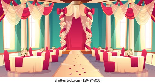 Banquet hall, ballroom in castle ready for wedding ceremony cartoon vector interior Decorated flowers and satin fabric wedding arch, rose petals on carpet dining tables Marriage celebrating background