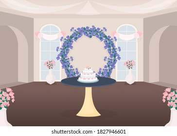 Banquet Hall Flat Color Vector Illustration. Ceremonial Arrangement. Cut Wedding Cake Tradition. Bridal Event. Wedding Hall 2D Cartoon Interior With Floral Arch Decoration On Background