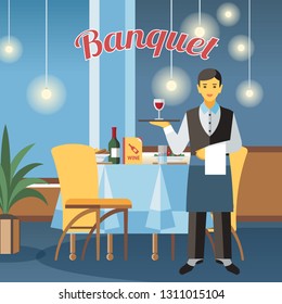 Banquet hall flat vector illustration. Restaurant interior design with calligraphy lettering. Catering service. Event center. Waiter hold tray with wine glass cartoon character. Served table drawing