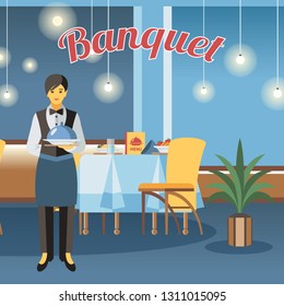Banquet hall, room flat vector illustration. Restaurant interior design with calligraphy lettering. Catering service. Event center. Waitress hold tray with lid cartoon character. Served table drawing