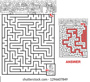 Banquet. Help the gentleman find a correct path to a banquet. Vector illustration of labyrinth, maze with entry and exit. Labyrinth for kids.