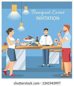 Banquet Invitation Card Flat Illustration. Guests at Banquet Party Drinking and Eating. Catering Service Waiter Working at Hotel Buffet. Eatery, Canteen. Woman and Man at Bar Counters. Flyer, Poster