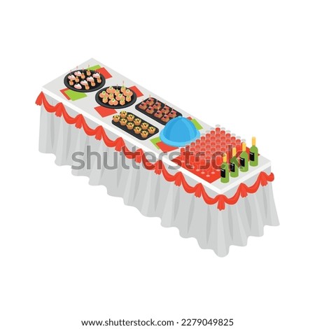 Banquet reception dinner party table with various refreshments 3d isometric vector illustration
