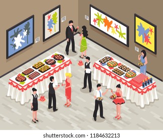 Banquet room with guests staff food and drinks on tables walls with bright pictures isometric vector illustration