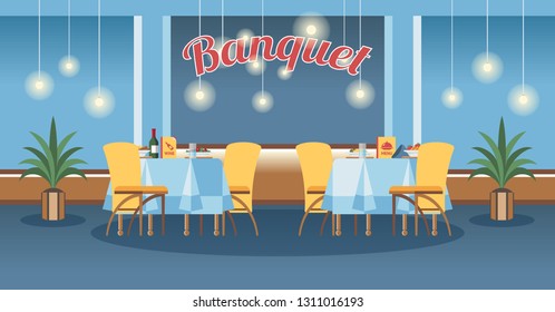 Banquet room, hall flat vector illustration. Restaurant, event center interior design. Cartoon served tables with calligraphy lettering. Catering service poster, banner, website page concept