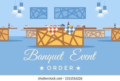 Banquet room, hall flat vector illustration. Restaurant, event center interior design. Cartoon buffet with calligraphy. Table reservation. Holiday catering service poster, banner, website page concept