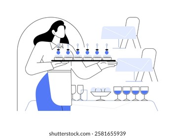 Banquet service isolated cartoon vector illustrations. Professional hotel waitress serving dishes, hotel service, hospitality sector, recreation business, catering event vector cartoon.