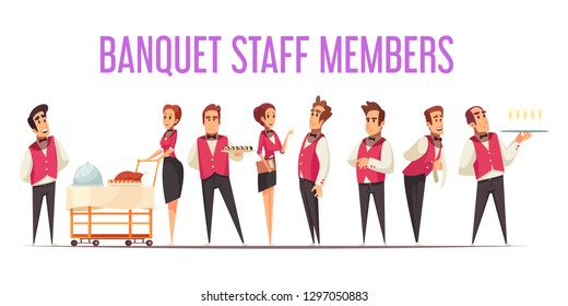 Banquet staff members in uniform with food at professional equipment on white background cartoon vector illustration