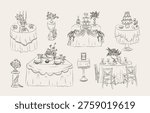 Banquet table setting with candelabra, cake, floral garland, and placeware drawn in vintage sketch linework. Symbol of celebration, wedding reception, elegance. Cartoon vector illustration.
