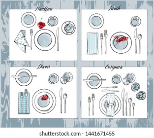 Banquet tableware set. Vector sketch illustration. Knife and spoon, plate and fork illustration