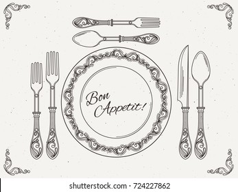 Banquet tableware. Vintage dish with spoon, fork and knife. Symbols of eating on retro vector poster. Knife and spoon, plate and fork illustration