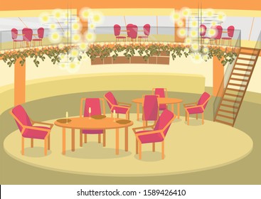 Banqueting Celebration Hall for Solemn Events, Anniversary or Wedding Planners Interior. Food Business and HoReca Service Restaurant with Furniture Background. Flat Cartoon Vector Illustration.
