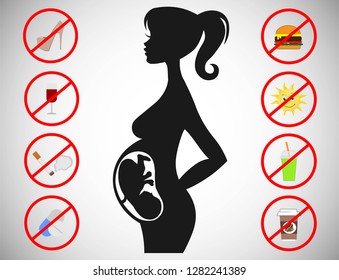 Bans for pregnant women. Things that can not be pregnant. Pregnant prohibitions. Vector illustration EPS 10.