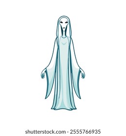 Banshee Flat Vector Illustration, Simple Stylized Design, Pale White Body, Flowing Robes, Minimalist Look, Clean Lines, White Background