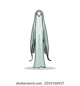 Banshee Flat Vector Illustration, Simple Stylized Design, Pale White Body, Flowing Robes, Minimalist Look, Clean Lines, White Background