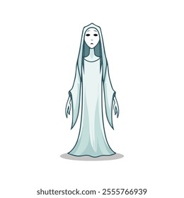 Banshee Flat Vector Illustration, Simple Stylized Design, Pale White Body, Flowing Robes, Minimalist Look, Clean Lines, White Background