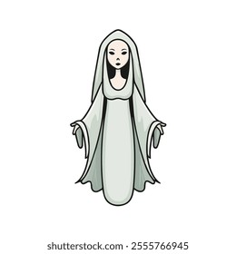 Banshee Flat Vector Illustration, Simple Stylized Design, Pale White Body, Flowing Robes, Minimalist Look, Clean Lines, White Background