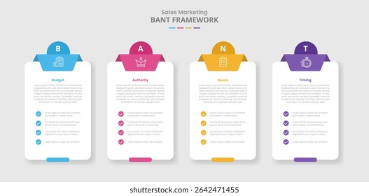 BANT framework for infographic with drop shadow style with box table container with checklist and circle badge top with 4 point list information vector