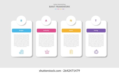 Estrutura BANT para infográfico com estilo de sombra projetada com retângulo redondo caixa tabela com emblema círculo na parte superior com lista de 4 pontos vetor de informações