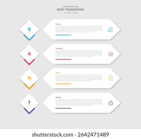 Estrutura BANT para infográfico com estilo de sombra projetada com emblema de diamante e retângulo de seta longa na lista empilhada com vetor de informações de lista de 4 pontos