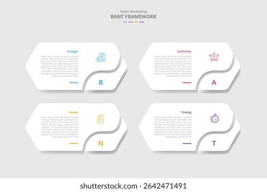 Estrutura BANT para infográfico com estilo de sombra projetada com forma de hexágono longo com fatia de curva em espiral na parte inferior com vetor de informação de lista de 4 pontos