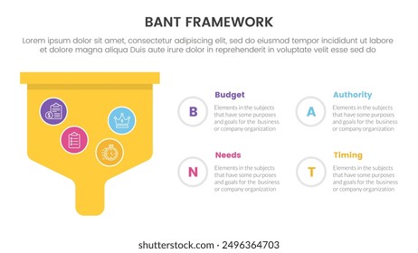 bant sales framework methodology infographic with bold funnel box with 4 point list for slide presentation vector