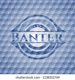 Banter blue emblem with geometric pattern background.