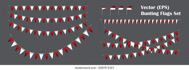 Banting flags, red and white realistick vector pennants hanging on the roap. Colorful flag garland of Canada, Poland, Japan and Indonesia