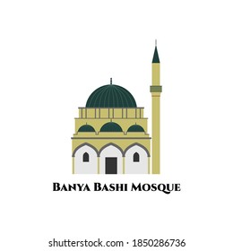 Banya Bashi Mosque in Sofia, Bulgaria flat cartoon design. Small mosque with an amazing history. A nice mosque in the center of Sofia must-see. The Ottoman architecture that still preserved well