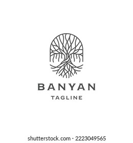 Banyan tree design with line art style logo template flat vector