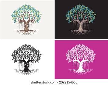 banyan tree illustrations in four color variants
