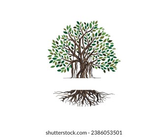 Banyan tree logo design, tree and roots with blank space between them