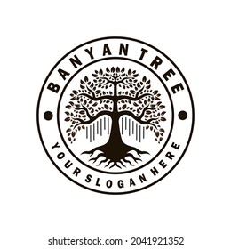 banyan tree logo design template. circle style logo. tree illustration vector