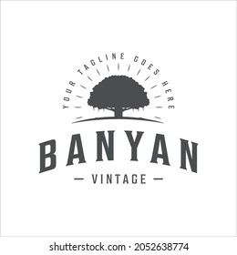 banyan tree logo vintage vector illustration template icon design with retro style typography concept